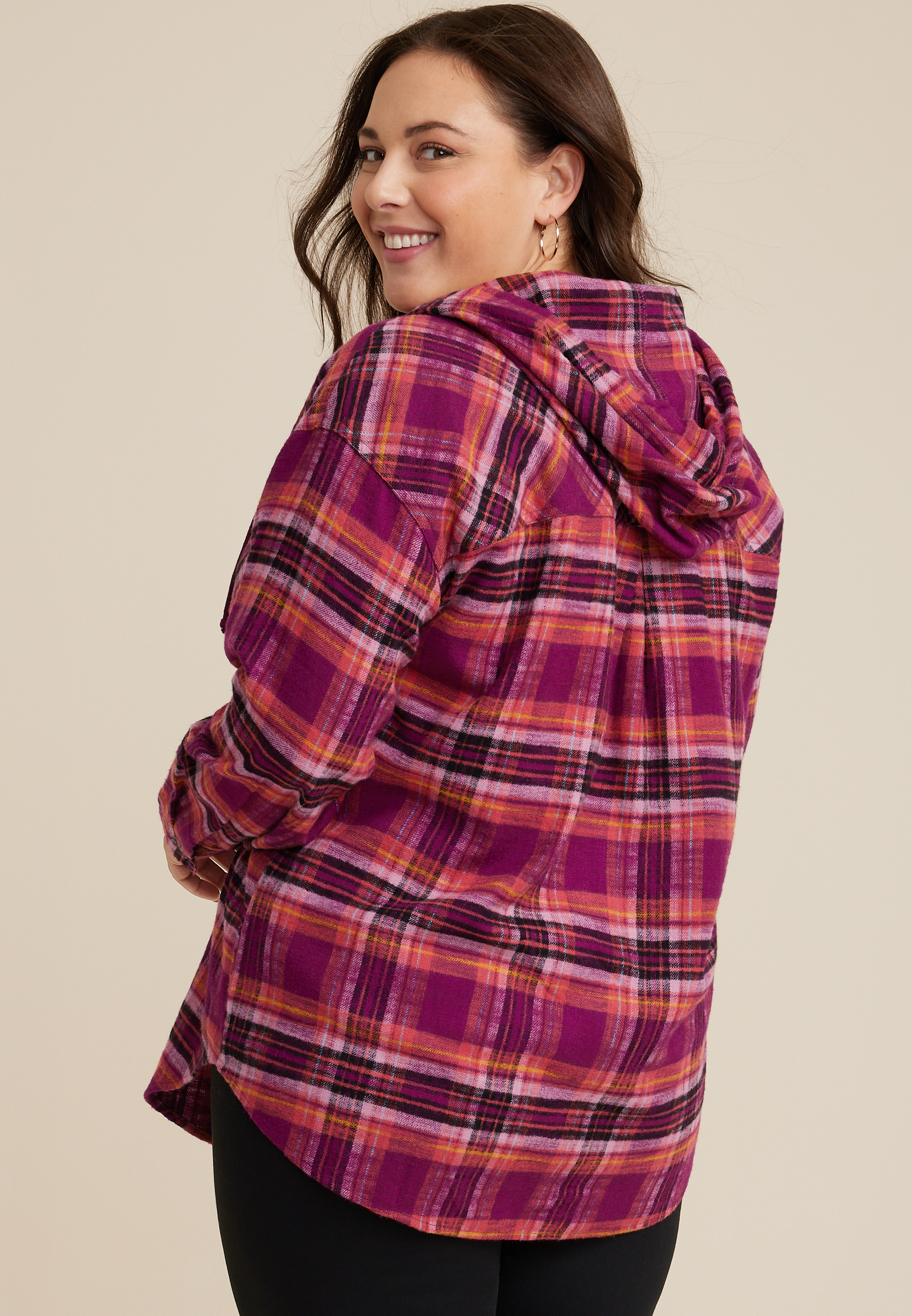 Plus Size Cabin Plaid Hooded Boyfriend Tunic Shirt, C4731, large
