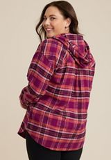 Plus Size Cabin Plaid Hooded Boyfriend Tunic Shirt, C4731, small