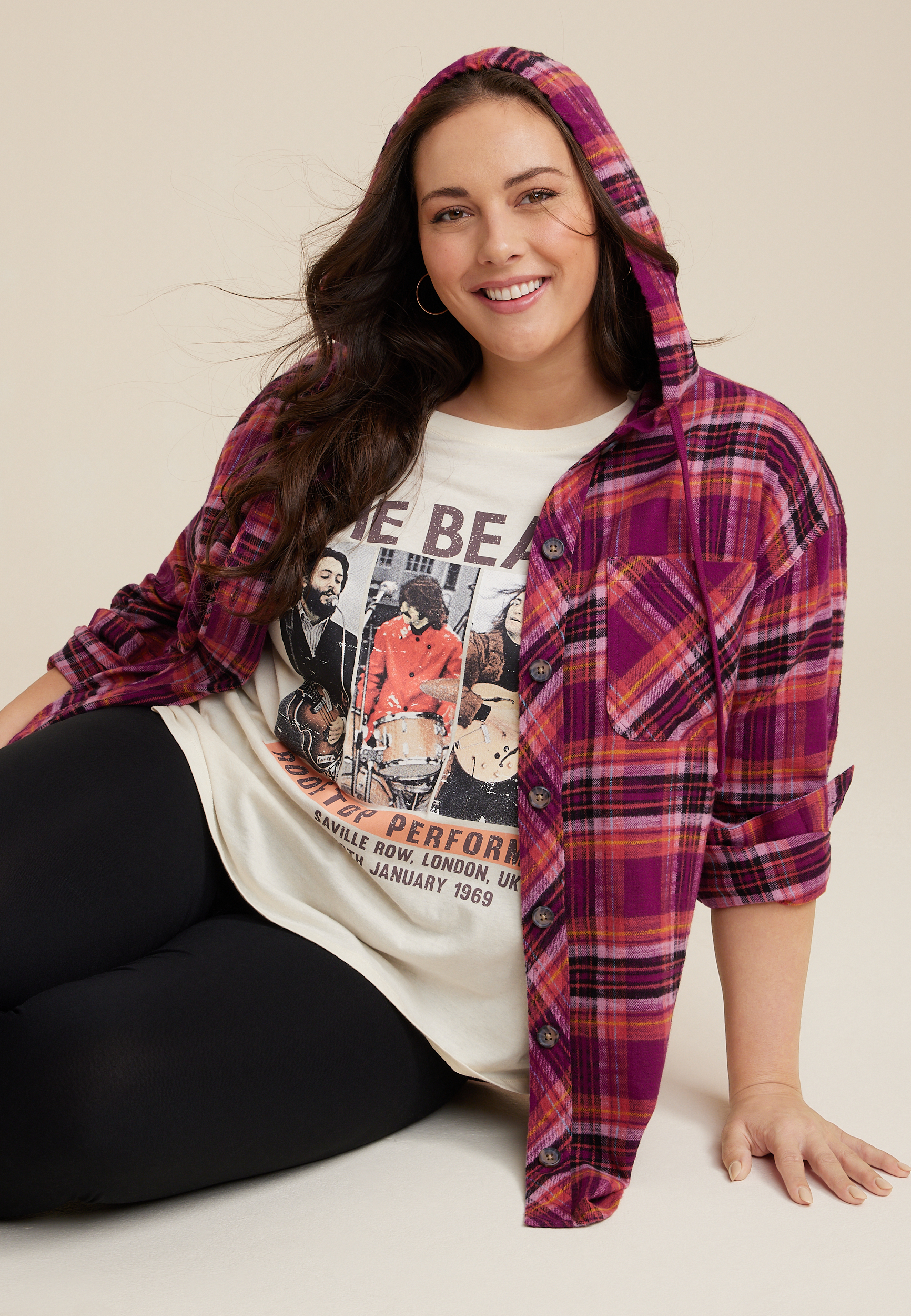 Plus Size Cabin Plaid Hooded Boyfriend Tunic Shirt, C4731, large