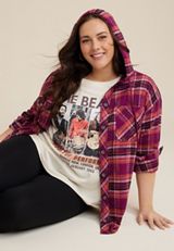 Plus Size Cabin Plaid Hooded Boyfriend Tunic Shirt, C4731, small