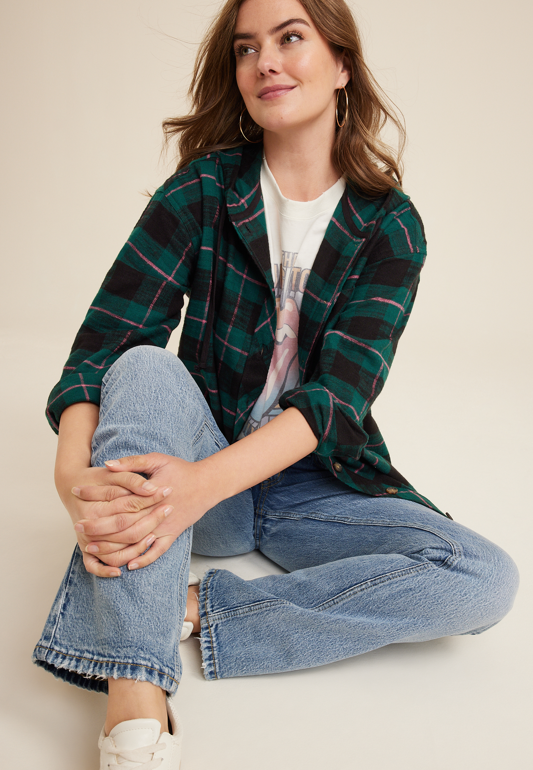 Cabin Plaid Hooded Boyfriend Tunic Shirt, C3409, large