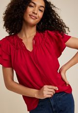 Flutter Sleeve Tie Front Blouse, REBEL RED, small