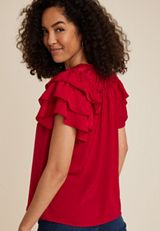 Flutter Sleeve Tie Front Blouse, REBEL RED, small