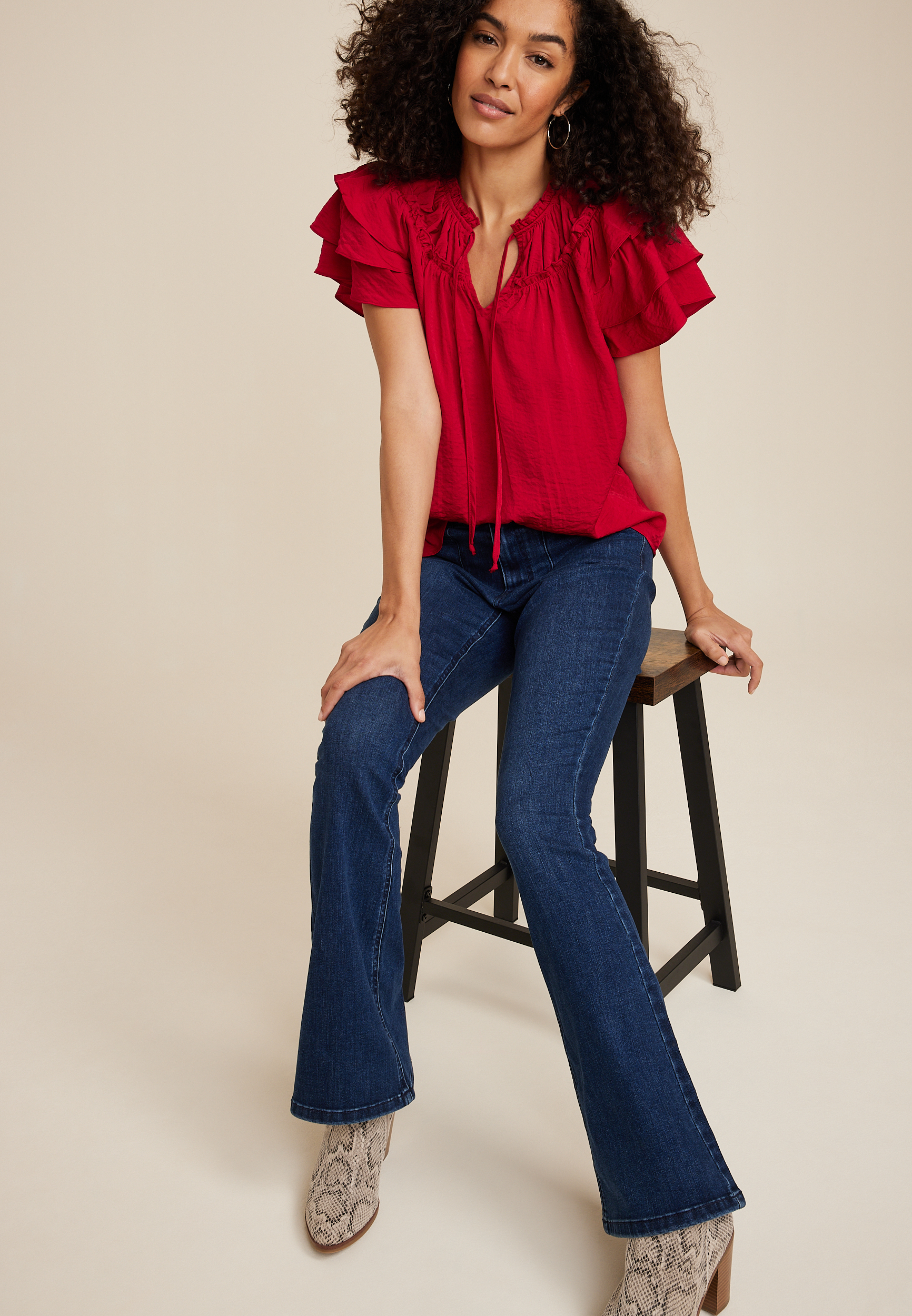 Flutter Sleeve Tie Front Blouse, REBEL RED, large
