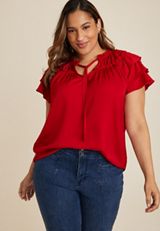 Plus Size Flutter Sleeve Tie Front Blouse, C4744, small