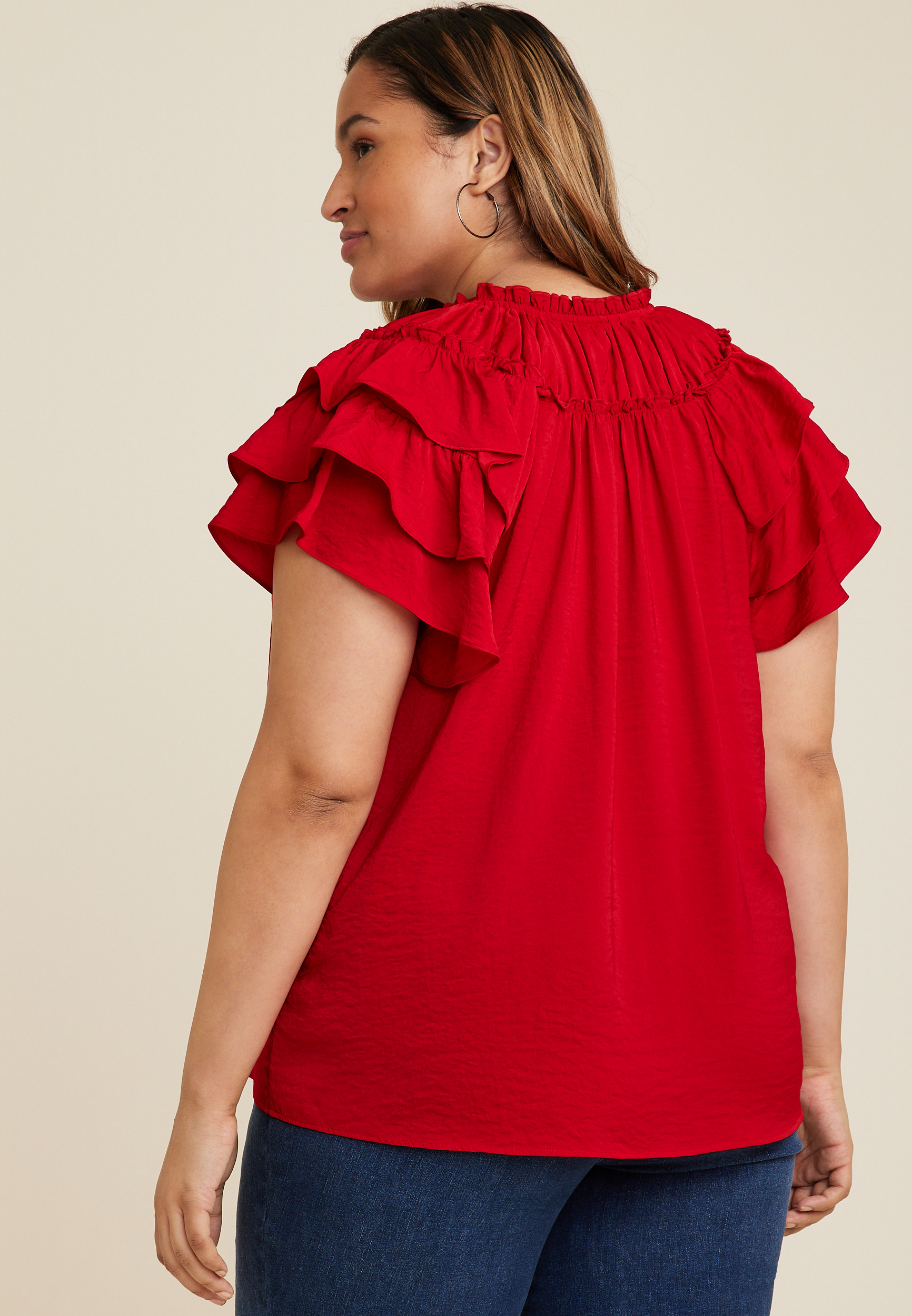 Plus Size Flutter Sleeve Tie Front Blouse, C4744, large