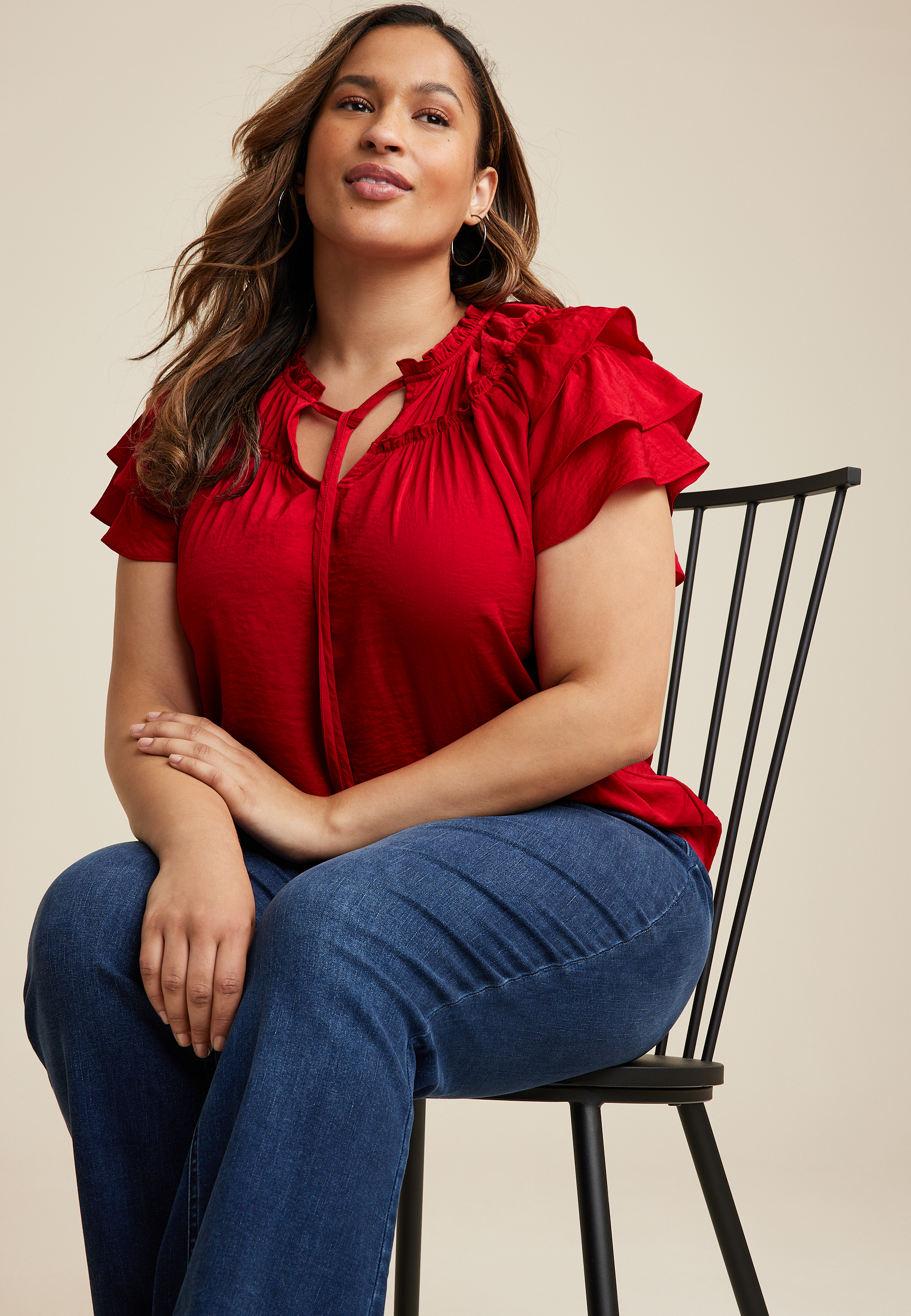 Plus Size Flutter Sleeve Tie Front Blouse, C4744, large