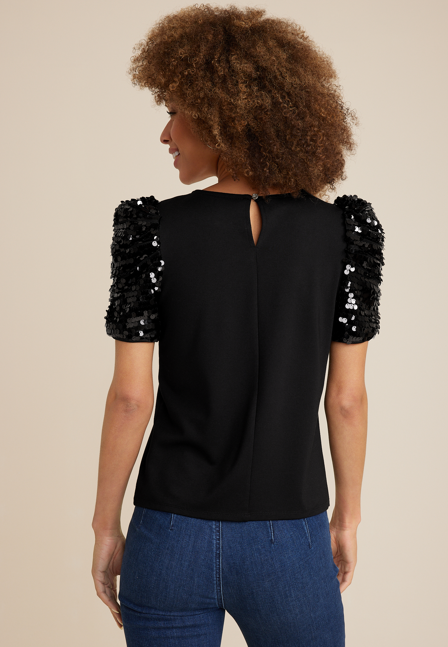 edgely&trade; Sequin Puff Sleeve Blouse, BLACK, large
