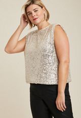 Plus Size edgely&trade; Sequin Padded Shoulder Top, CHAMPAGNE, small
