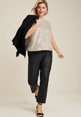 Plus Size edgely&trade; Sequin Padded Shoulder Top, CHAMPAGNE, small