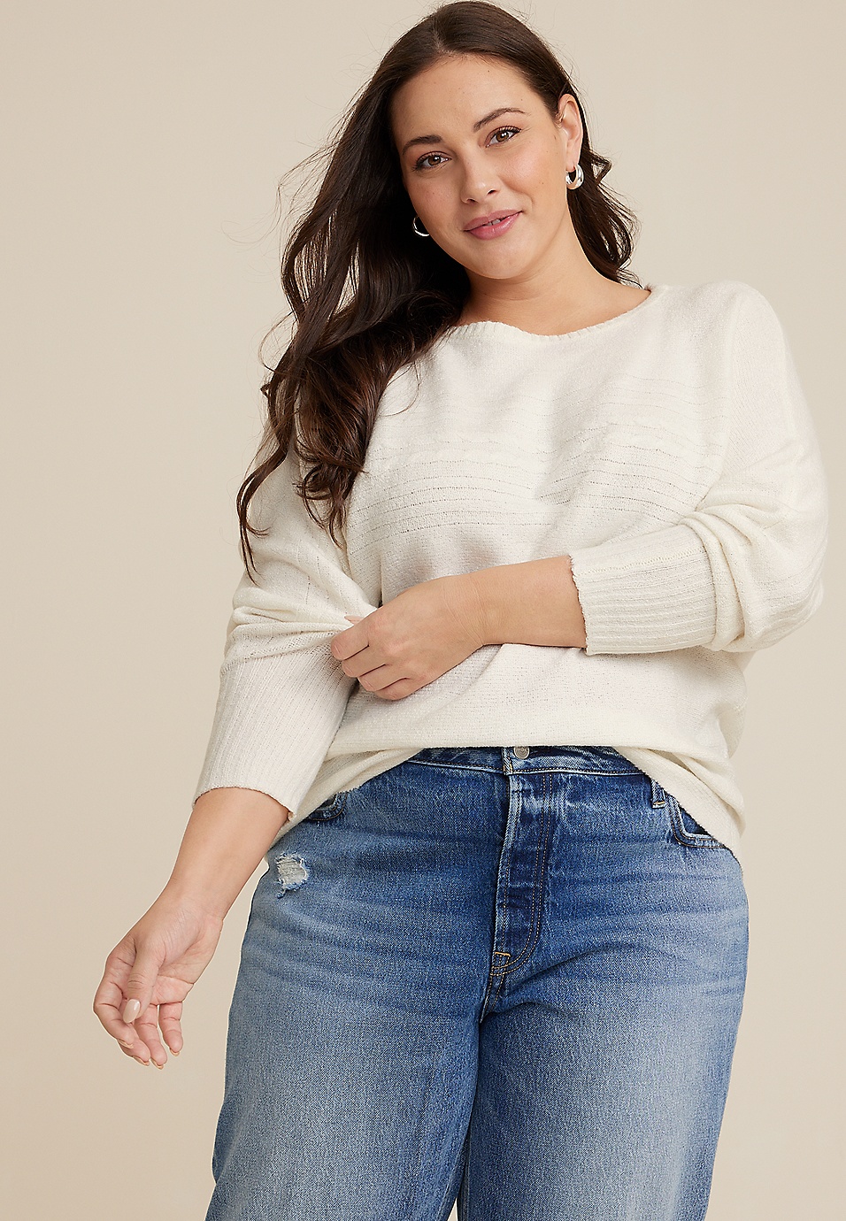 Plus Size Faux Pearl Embellished Mock Neck Sweater
