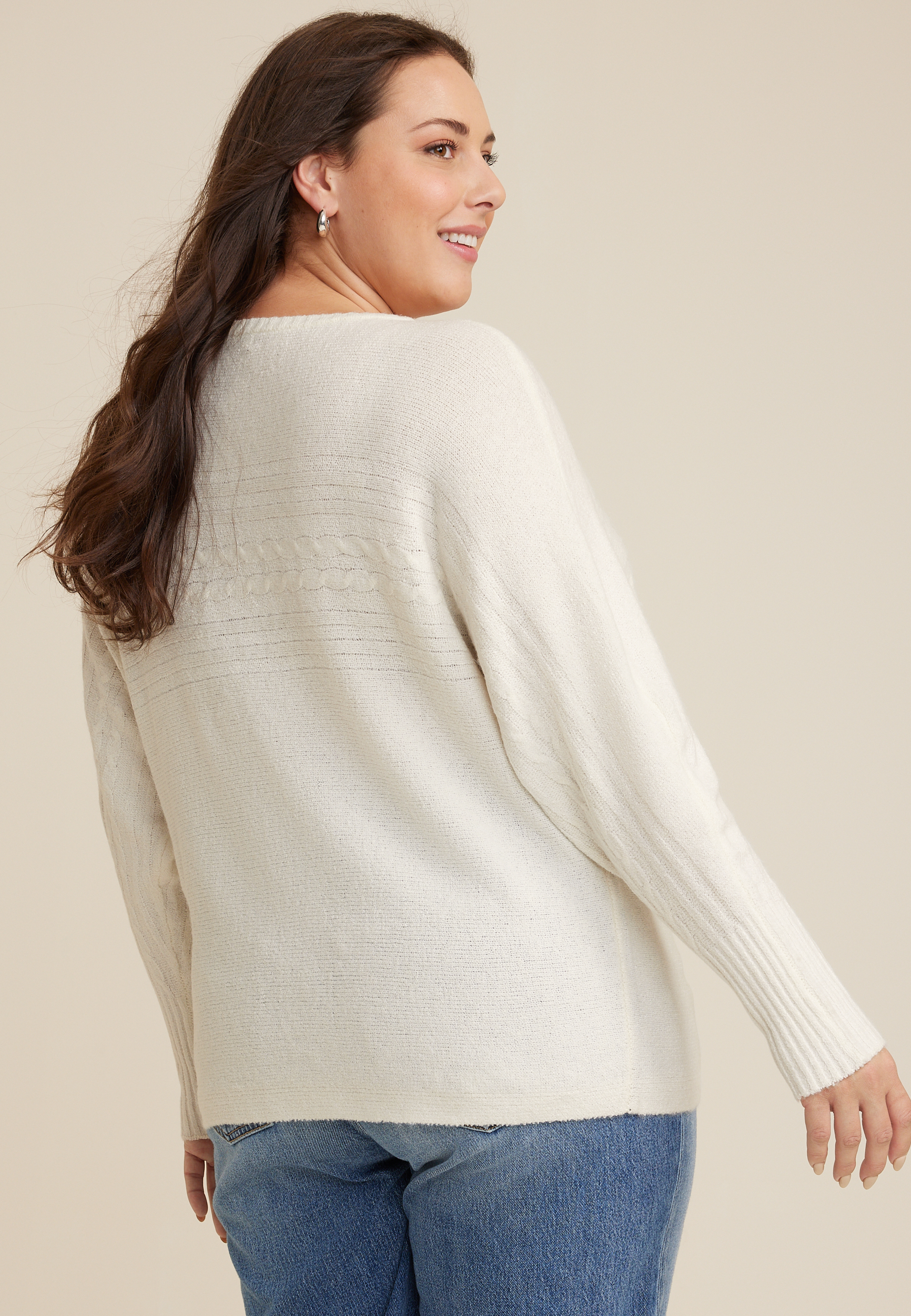 Plus Size Cable Knit Dolman Sweater, ECRU COMBO, large