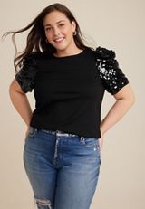 Plus Size edgely&trade; Sequin Puff Sleeve Blouse, BLACK, small