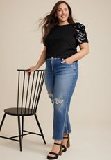 Plus Size edgely&trade; Sequin Puff Sleeve Blouse, BLACK, small