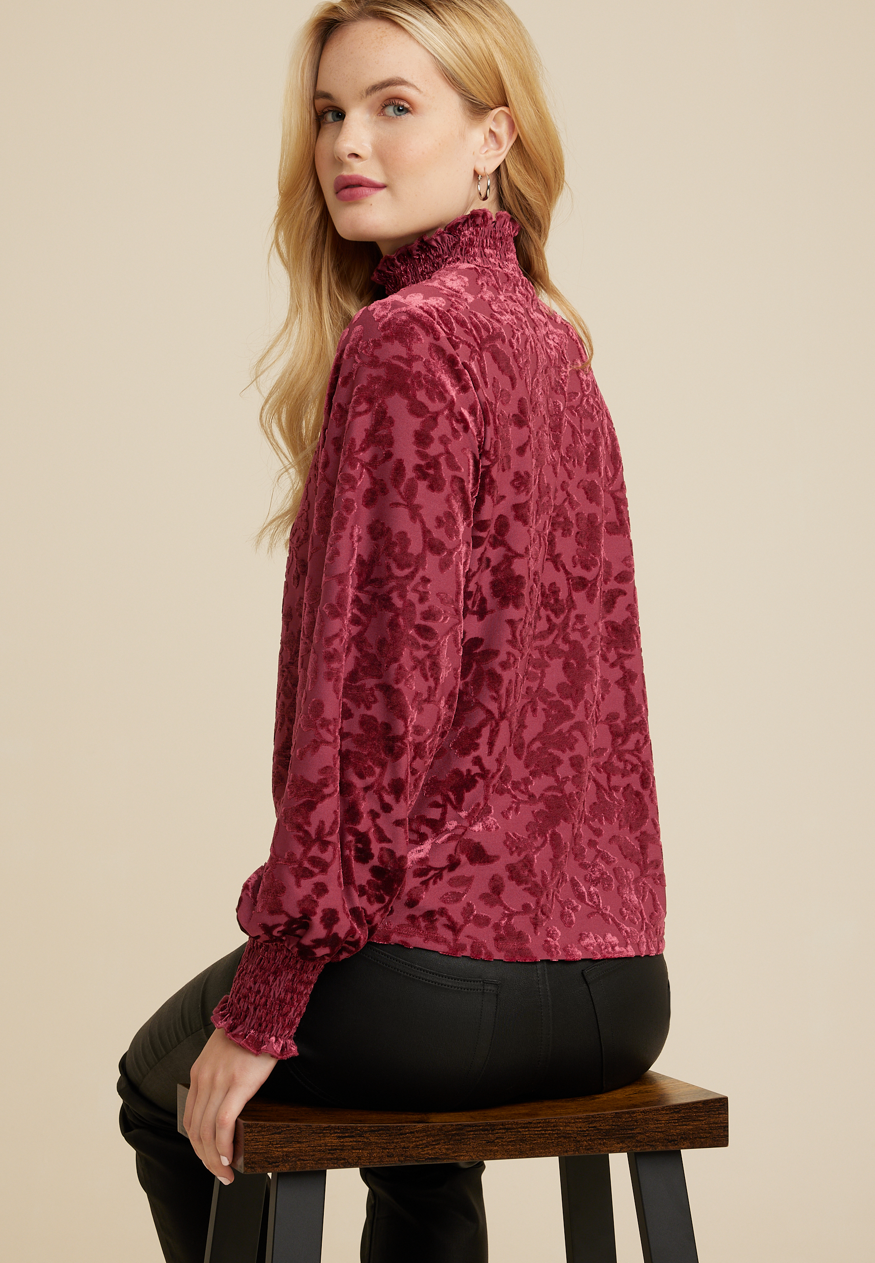 Velvet Floral Burnout Mock Neck Top, C9179, large