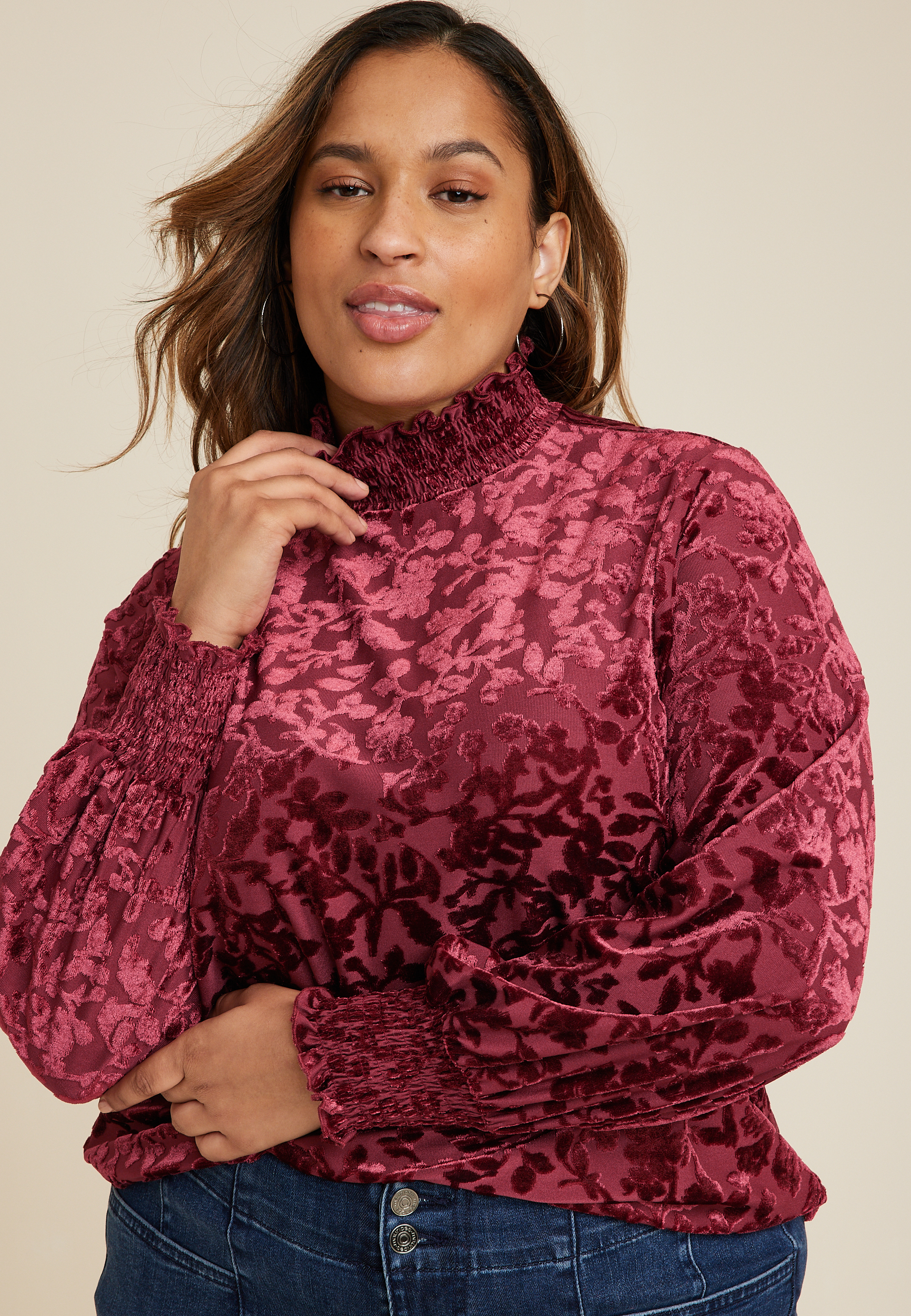 Plus Size Metallic Floral Blouson Sleeve Top