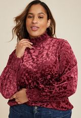 Plus Size Velvet Floral Burnout Mock Neck Top, C9179, small