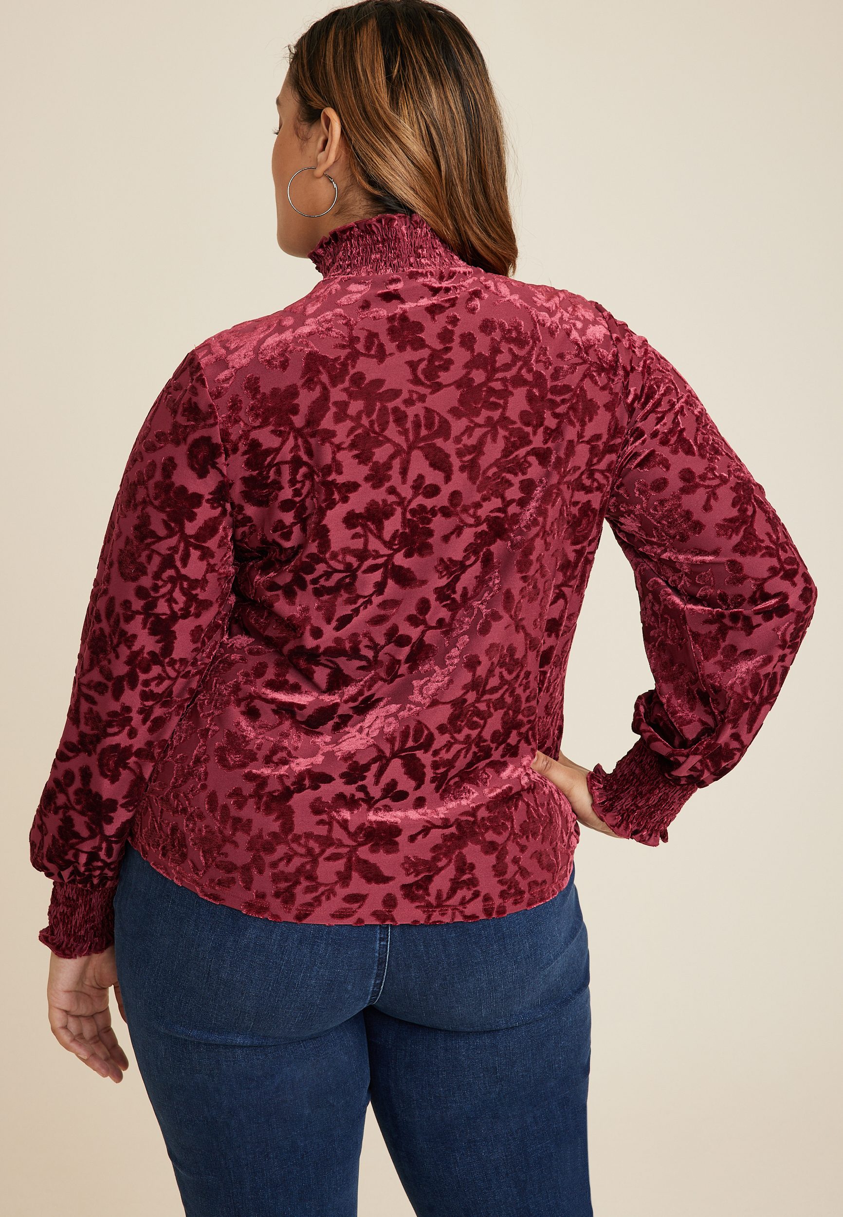 Plus Size Velvet Floral Burnout Mock Neck Top, C9179, large