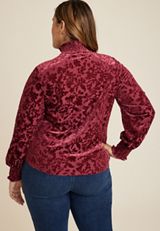 Plus Size Velvet Floral Burnout Mock Neck Top, C9179, small