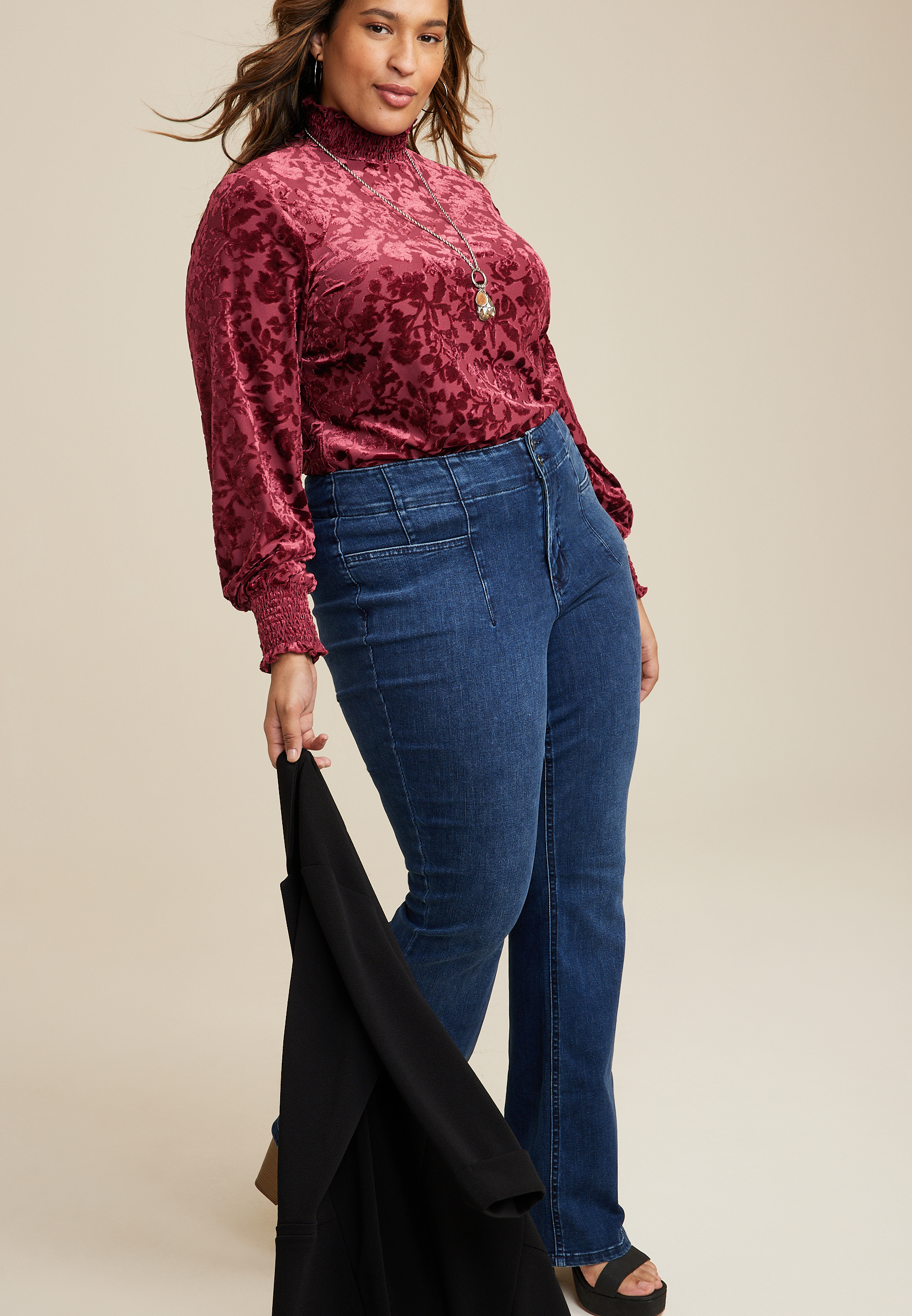 Plus Size Velvet Floral Burnout Mock Neck Top, C9179, large