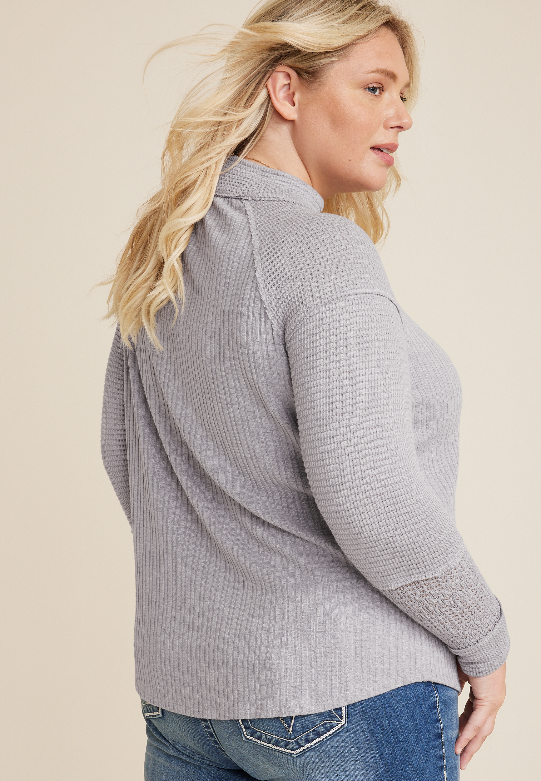 Plus Size Mixed Media Mock Neck Top, C2908, large