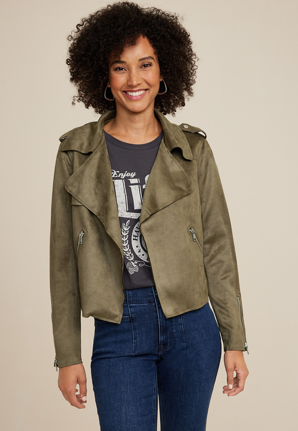 Olive Drape Front Faux Suede Jacket | maurices