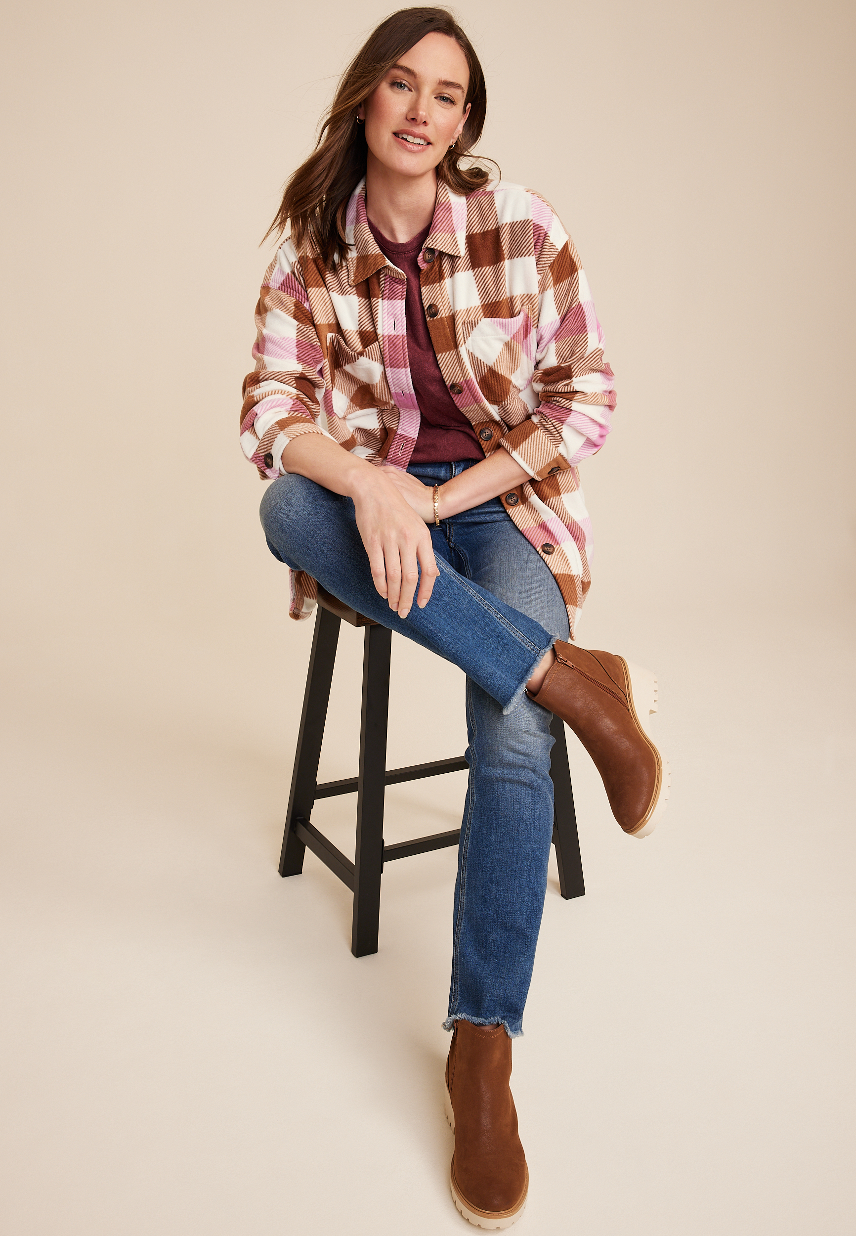 Wilder Plaid Fleece Shacket, ECRU COMBO, large