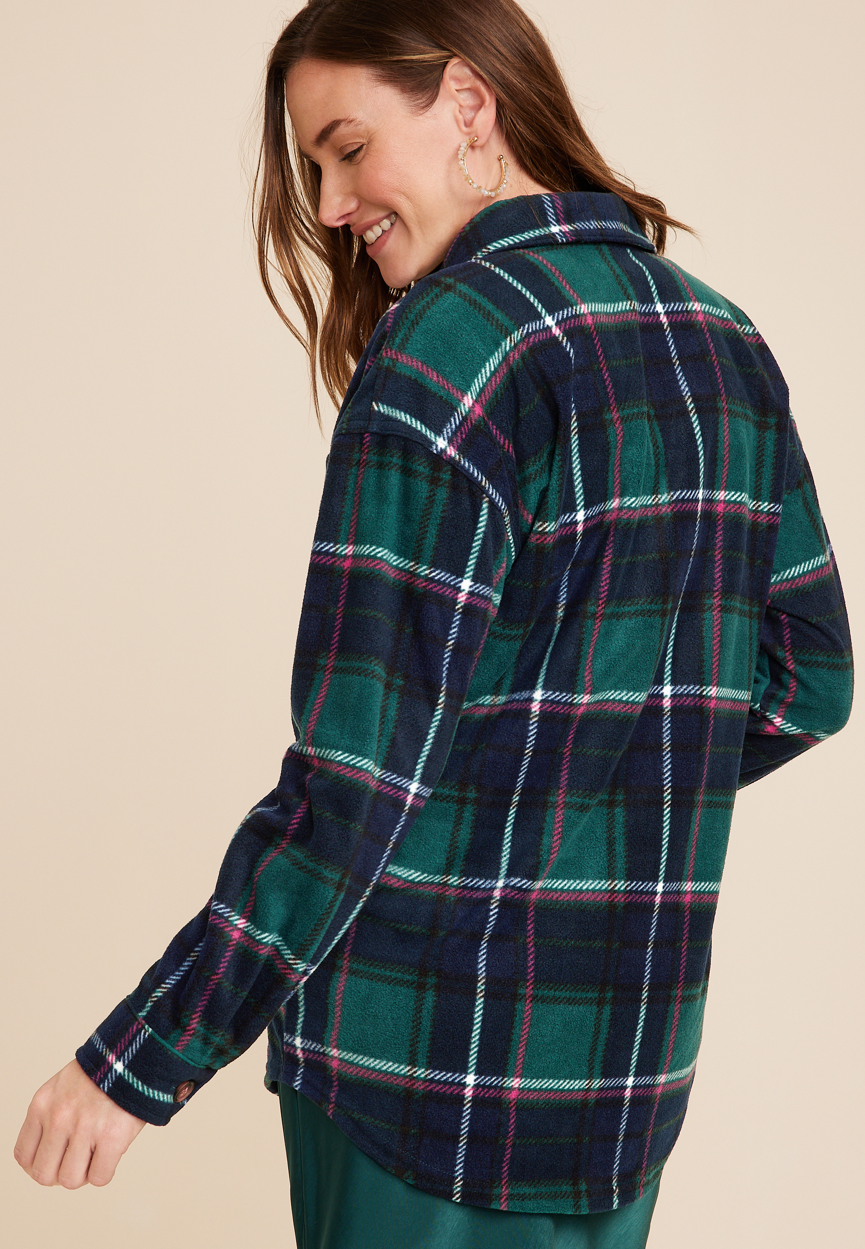Wilder Plaid Fleece Shacket, GREEN COMBO, large
