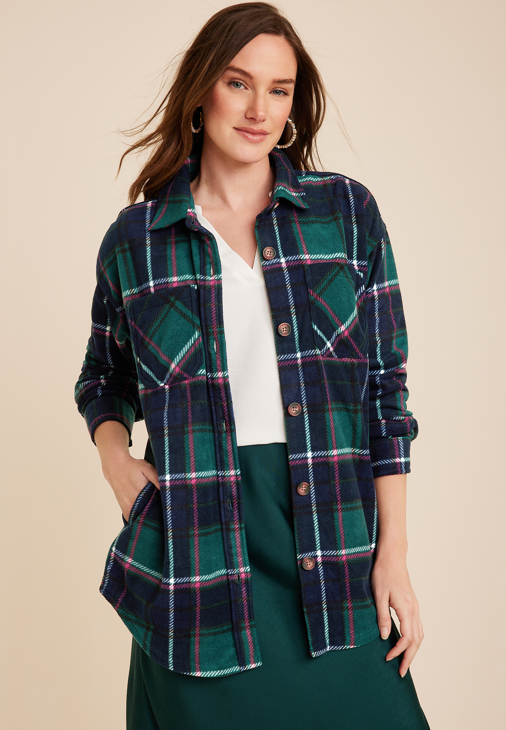 Wilder Plaid Fleece Shacket, GREEN COMBO, large