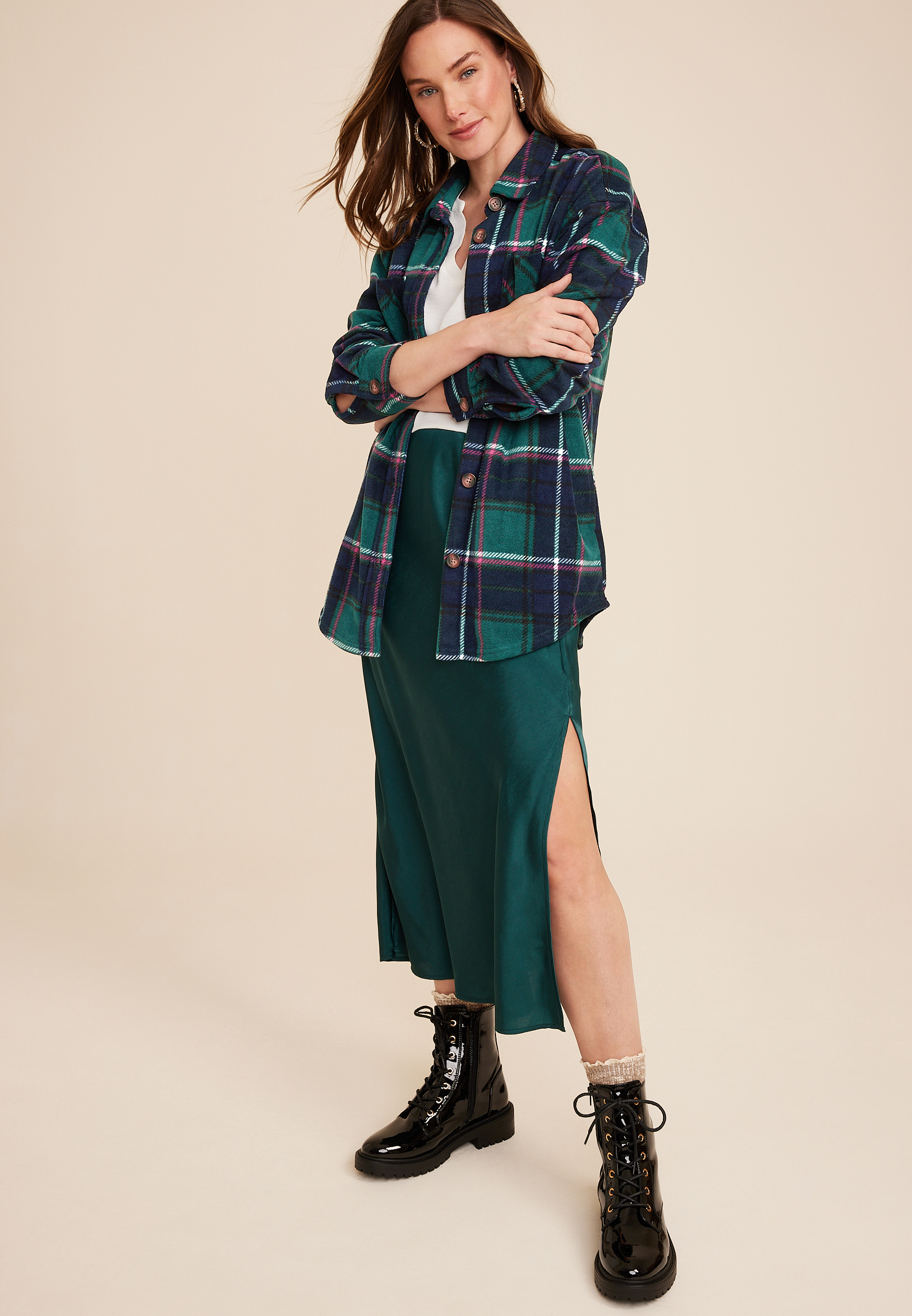 Wilder Plaid Fleece Shacket, GREEN COMBO, large