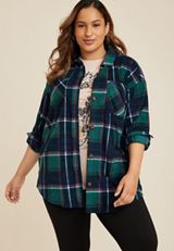 Plus Size Wilder Plaid Fleece Shacket, GREEN COMBO, small