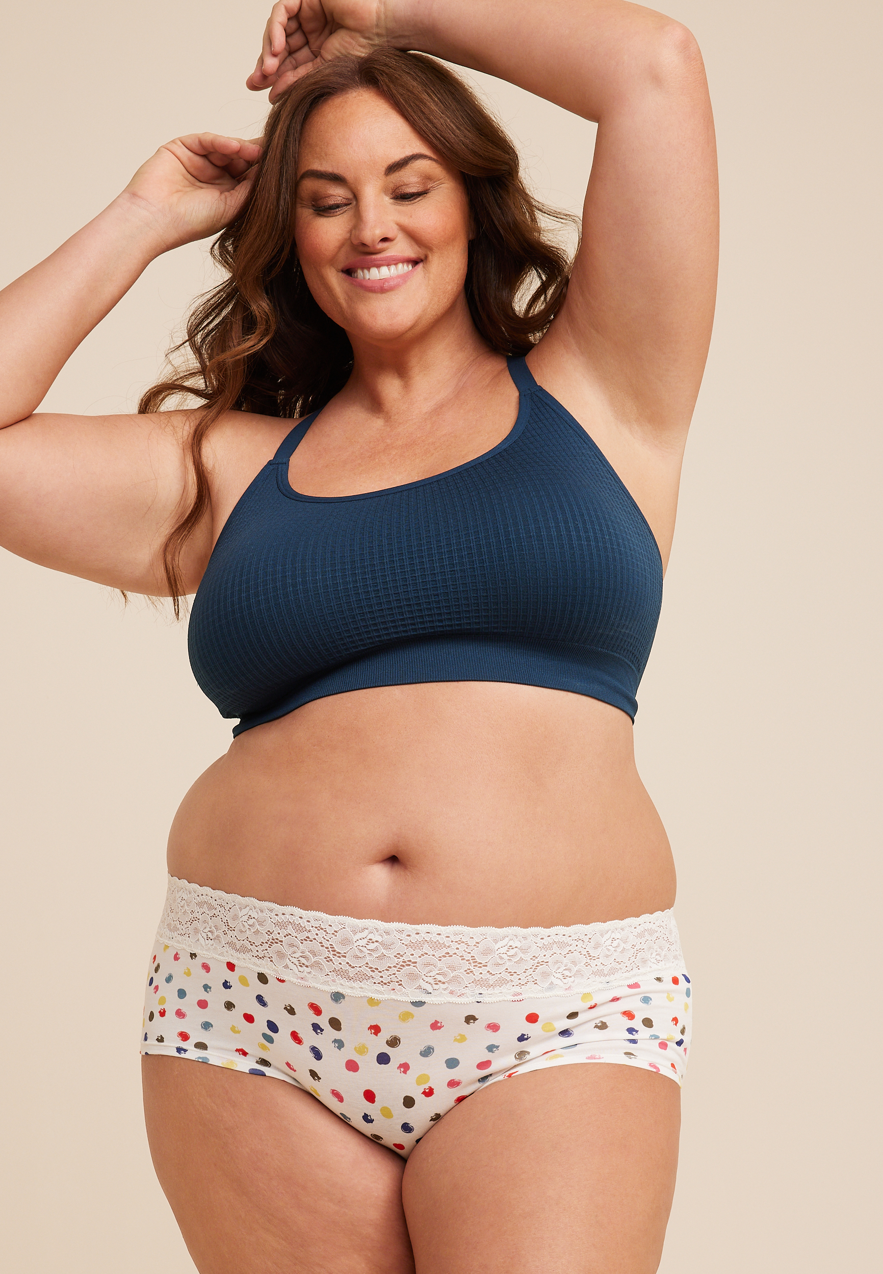 Simply Comfy Wide Lace Trim Polka Dot Boybrief Cotton Panty, SOFT WHITE COMBO, large