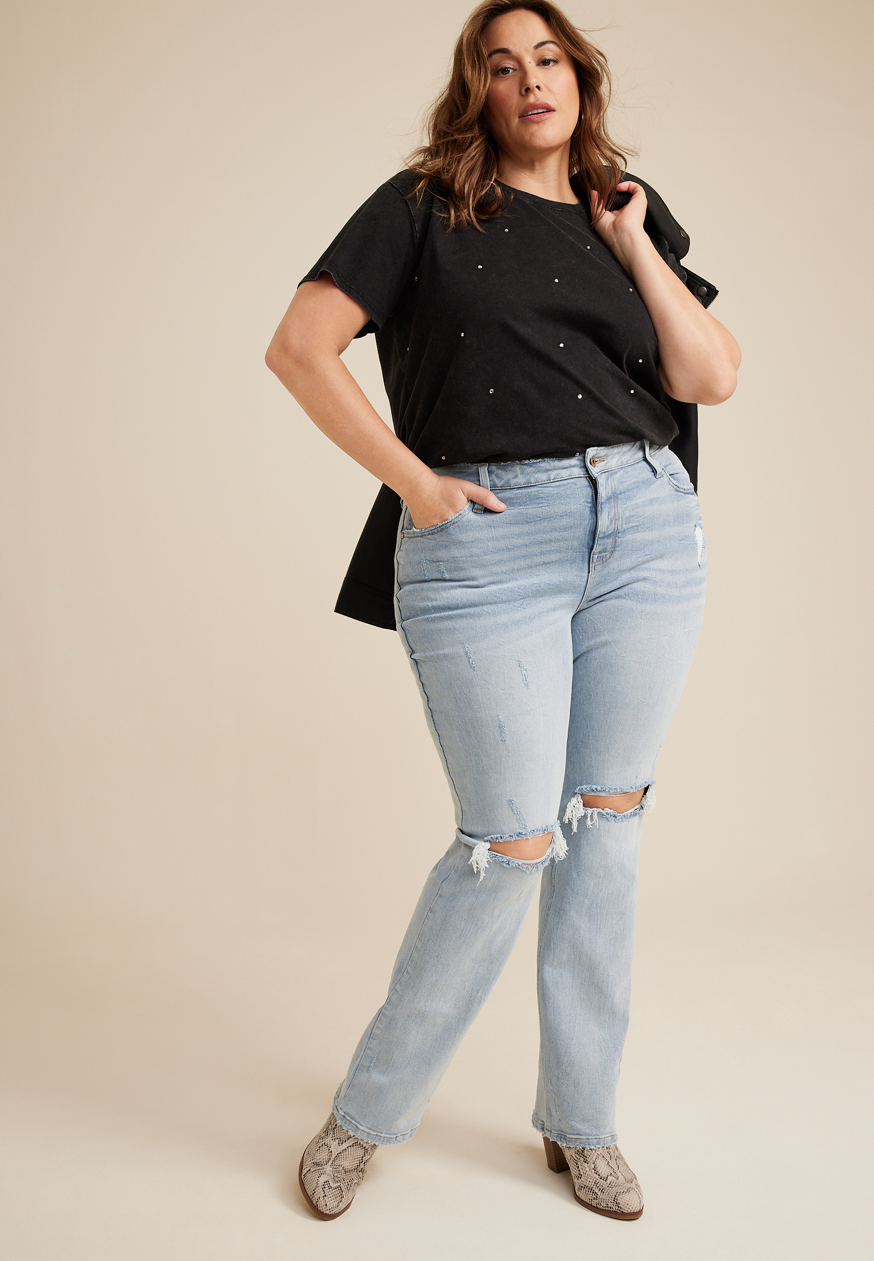 Plus Size edgely&trade; Slim Boot High Rise Ripped Jean, C2806, large