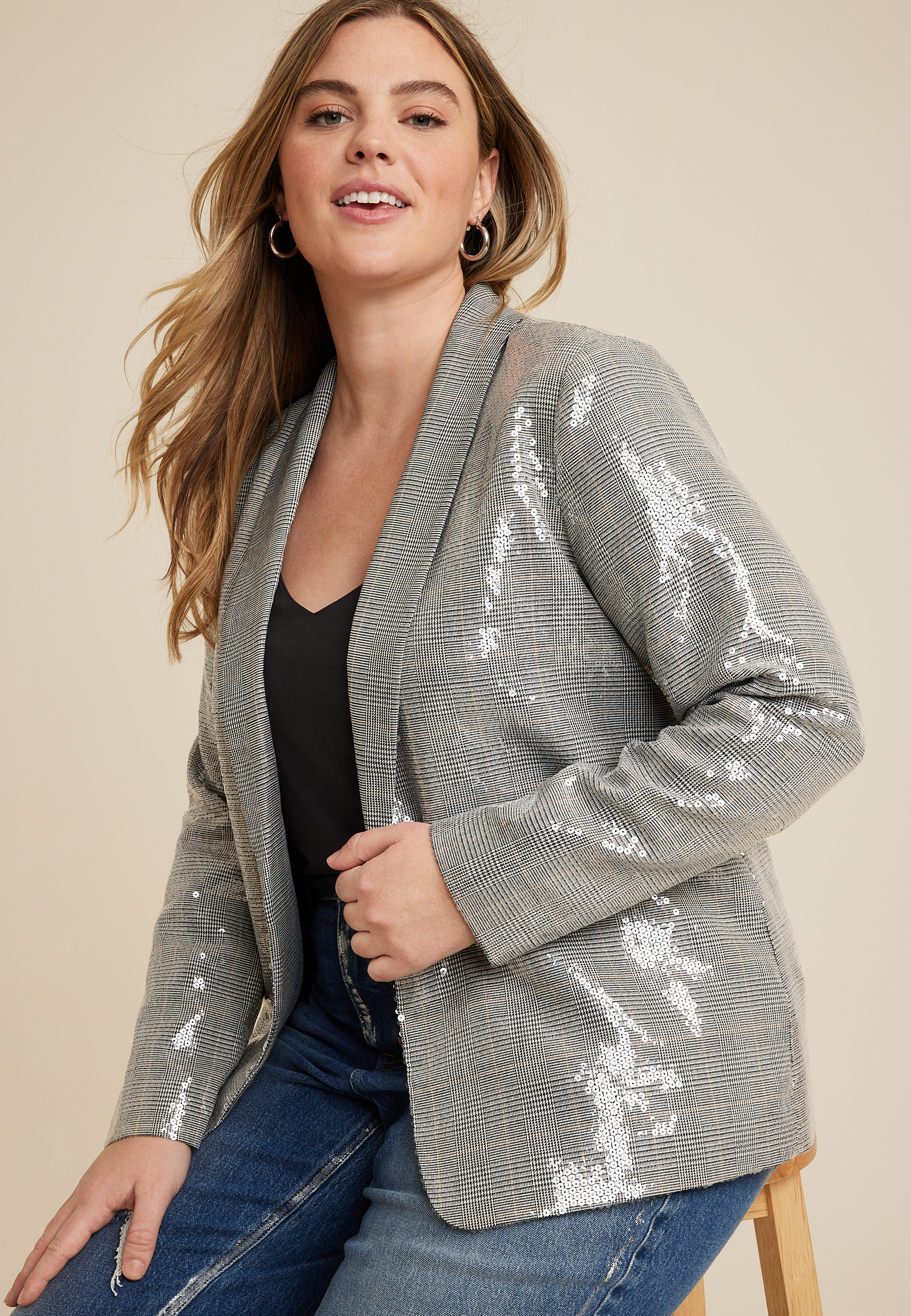 VERWIN Plus Size Jacket Sequin Three-Quarter Sleeve Color Block