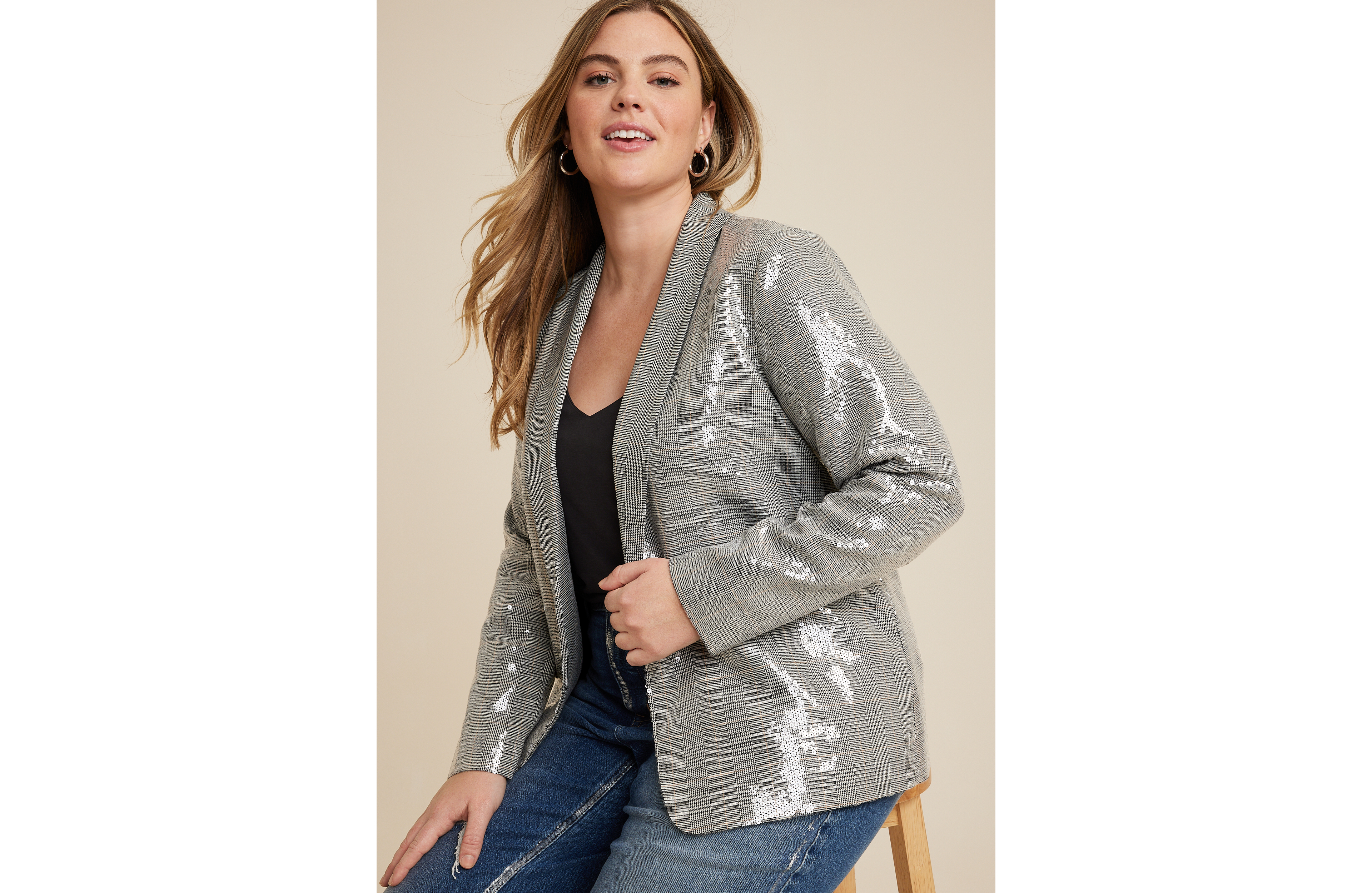 Plus Sequin Plaid Blazer
