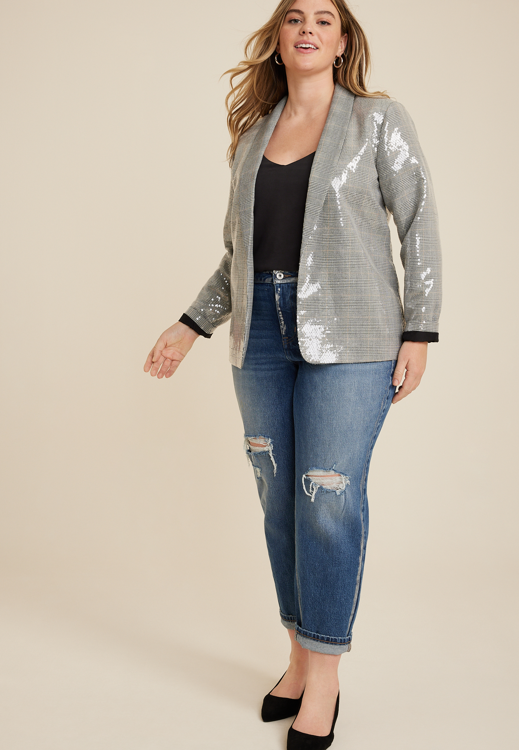 Plus Size Sequin Plaid Blazer, C1755, large