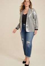 Plus Size Sequin Plaid Blazer, C1755, small