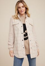Mixed Media Knit Sleeve Shacket, CREAM COMBO, small