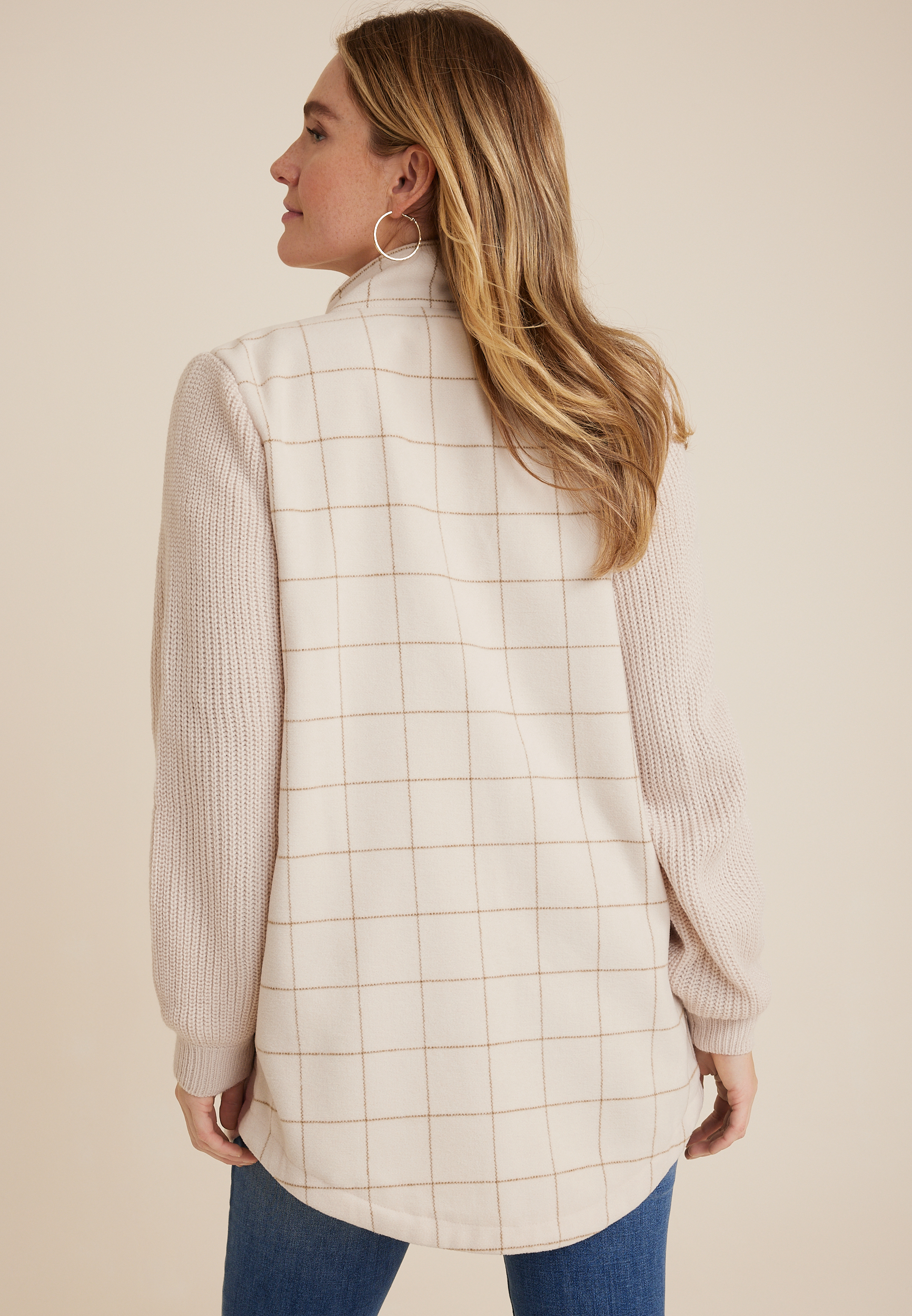 Mixed Media Knit Sleeve Shacket, CREAM COMBO, large