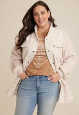 Plus Size Mixed Media Knit Sleeve Shacket, C4563, small