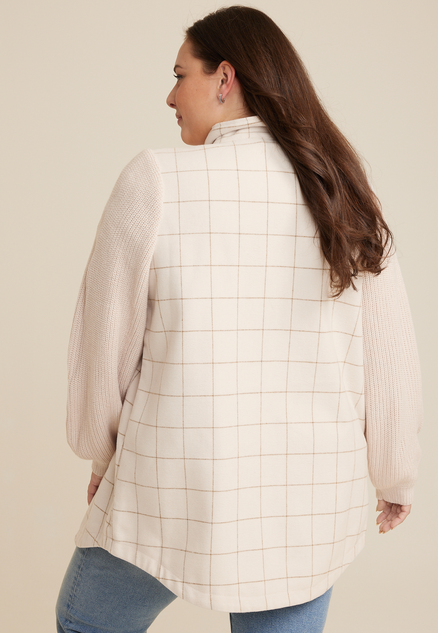 Plus Size Mixed Media Knit Sleeve Shacket, C4563, large