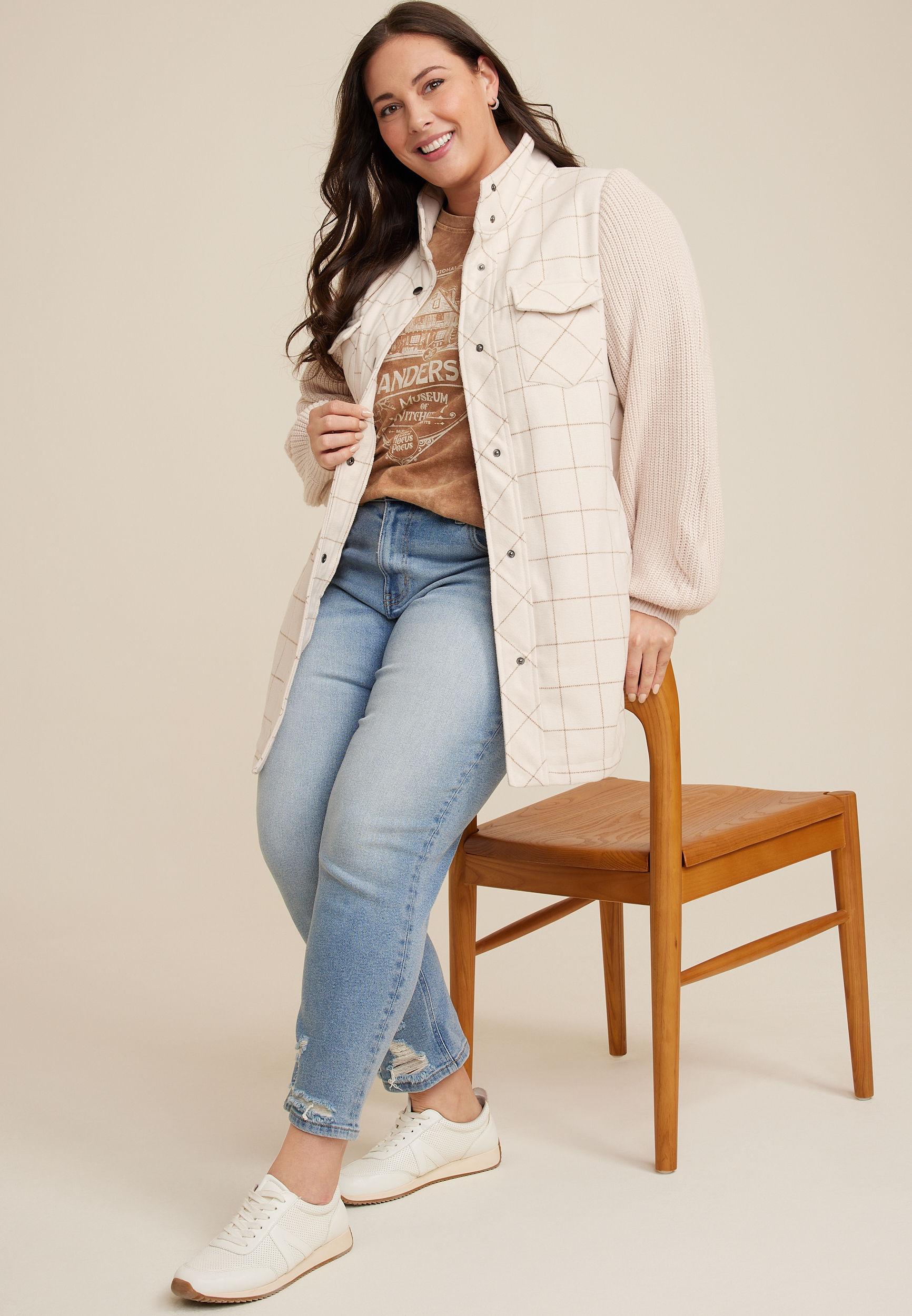 Plus Size Mixed Media Knit Sleeve Shacket, C4563, large