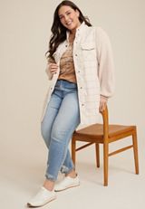 Plus Size Mixed Media Knit Sleeve Shacket, C4563, small