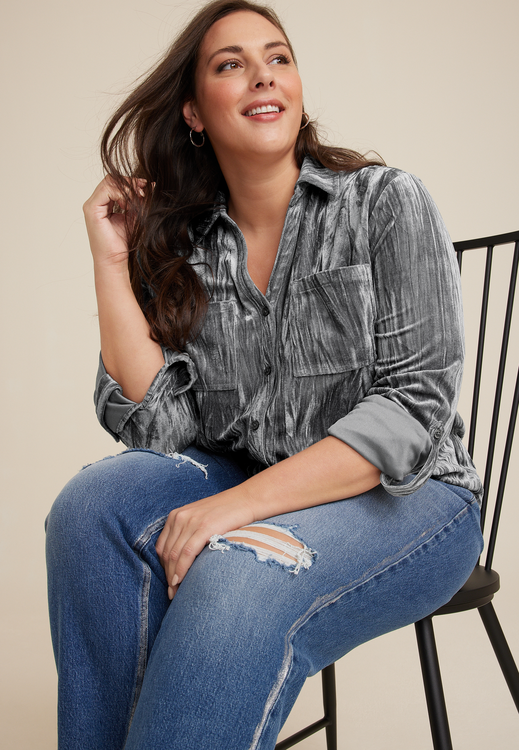 Plus Size Winona Velvet Button Down Blouse, C829, large