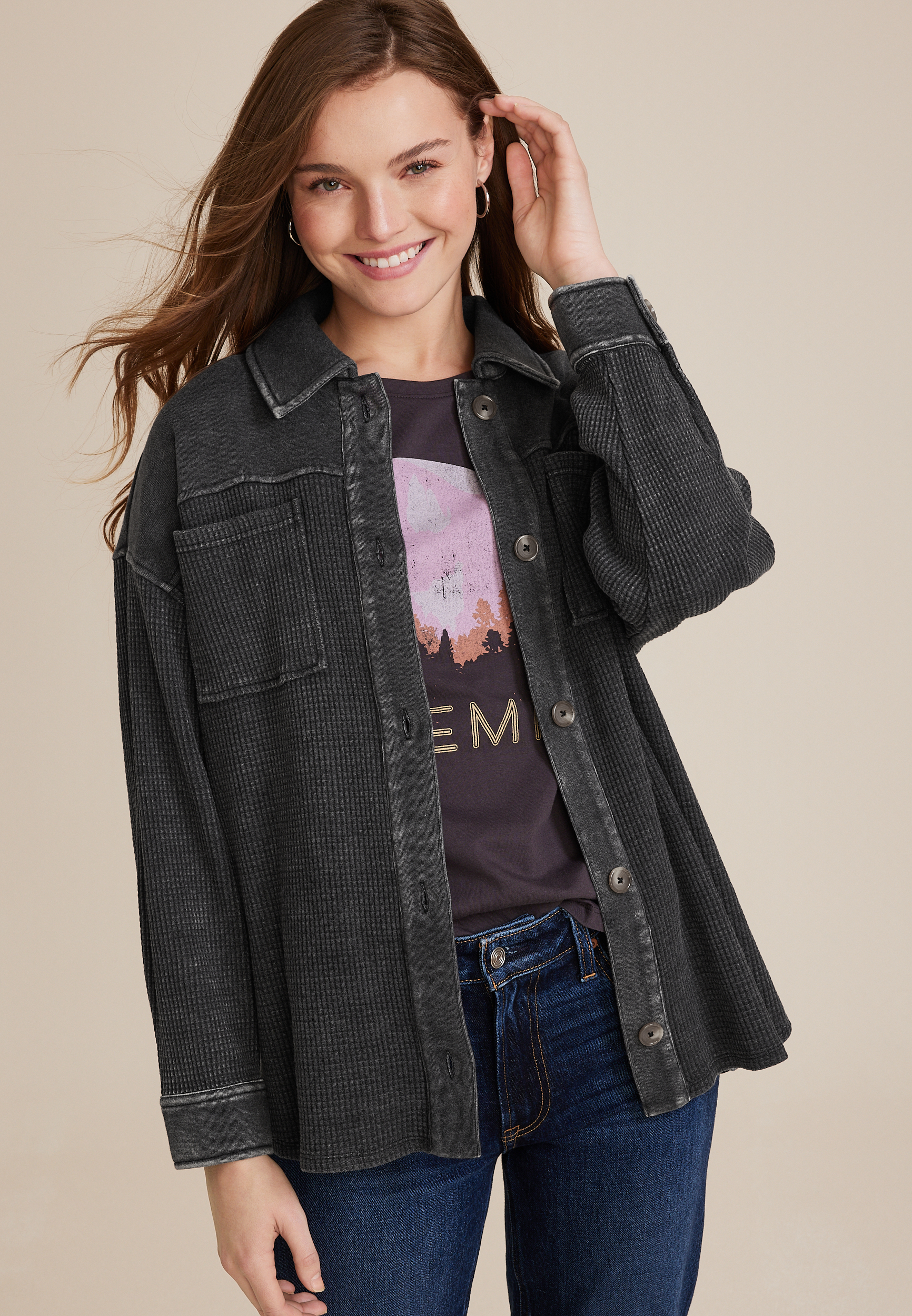 Waffle Knit Button Down Shacket