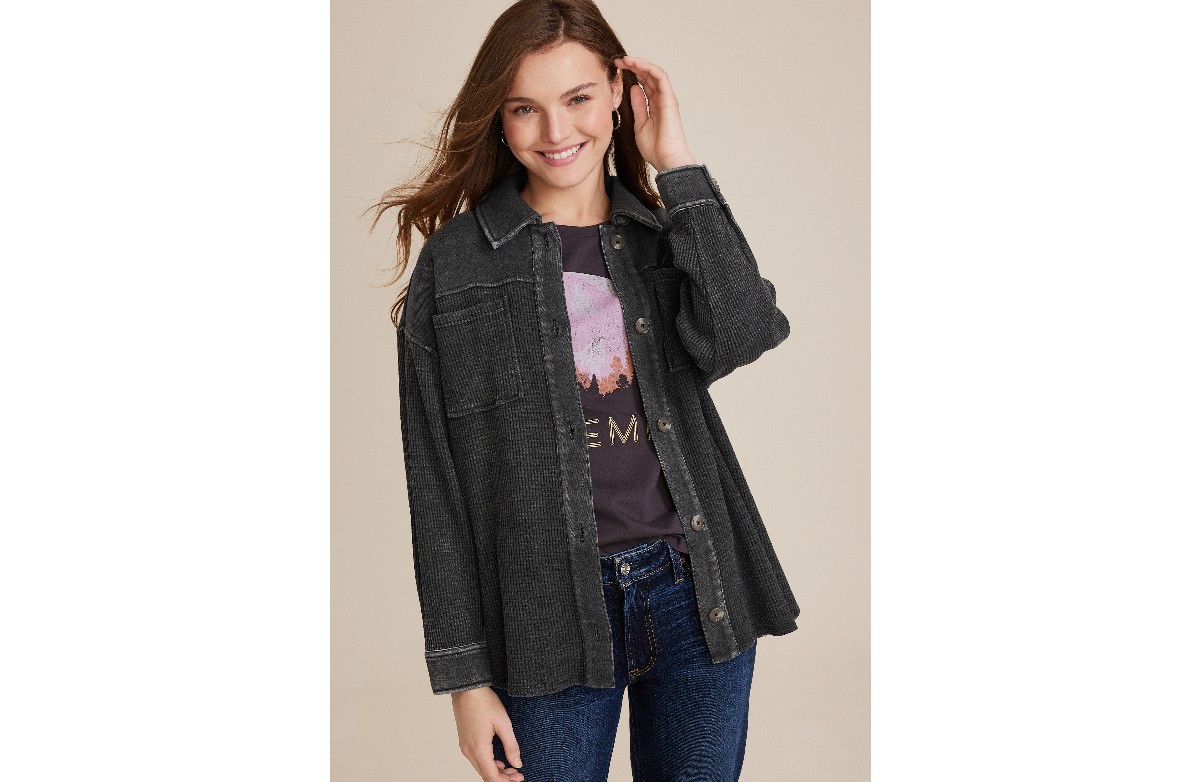 Waffle Knit Button Down Shacket