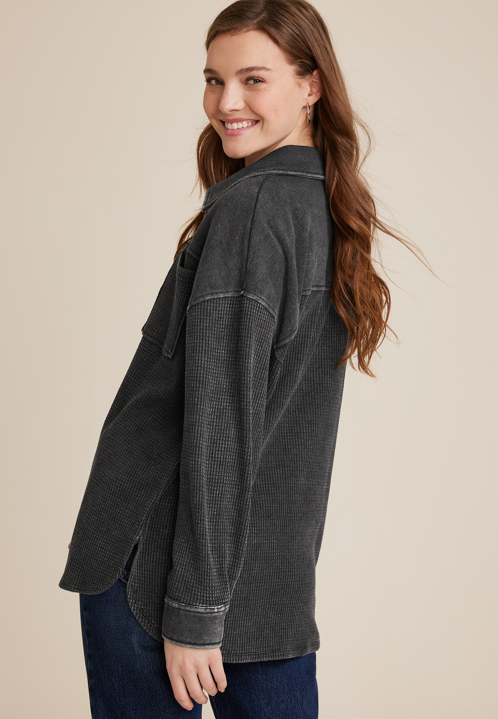 Waffle Knit Button Down Shacket