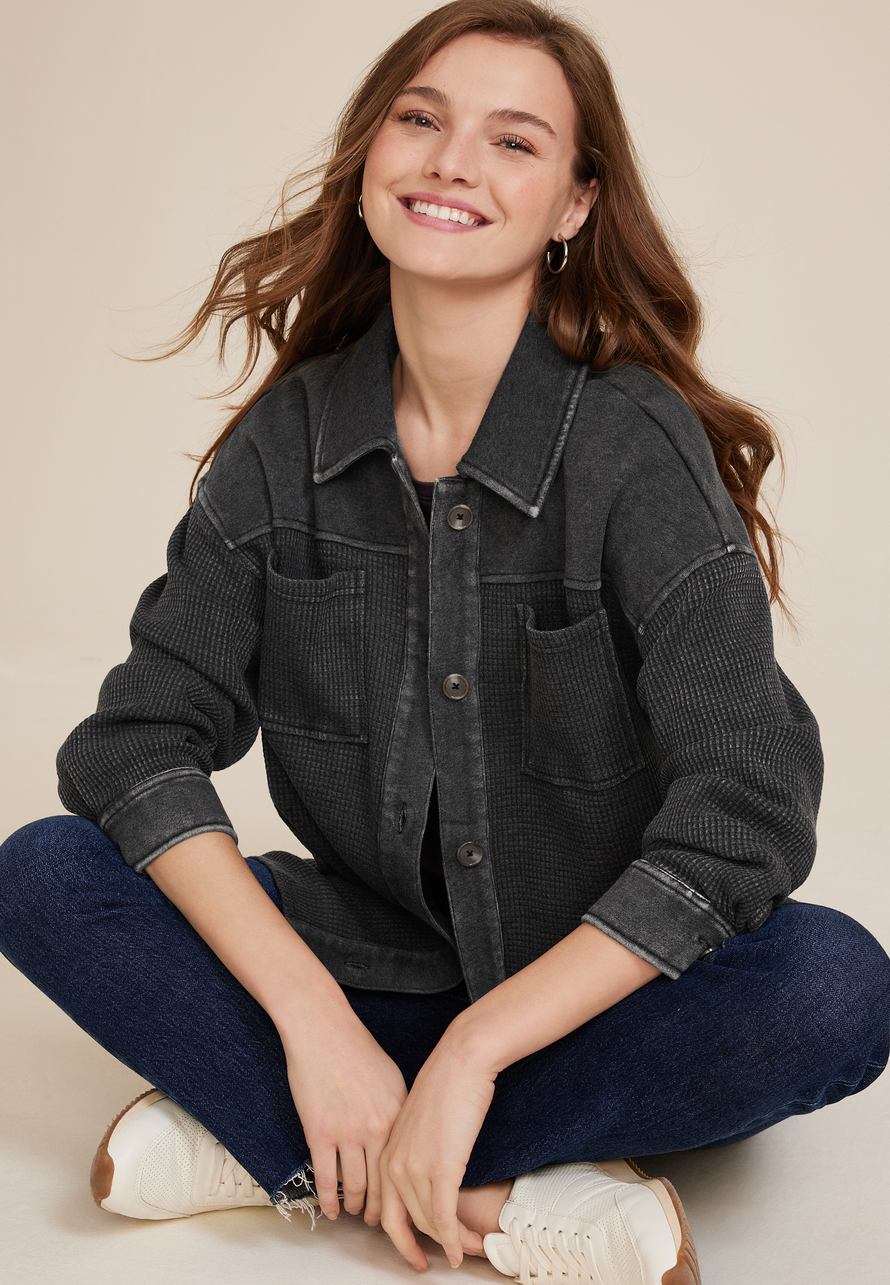 Waffle Knit Button Down Shacket