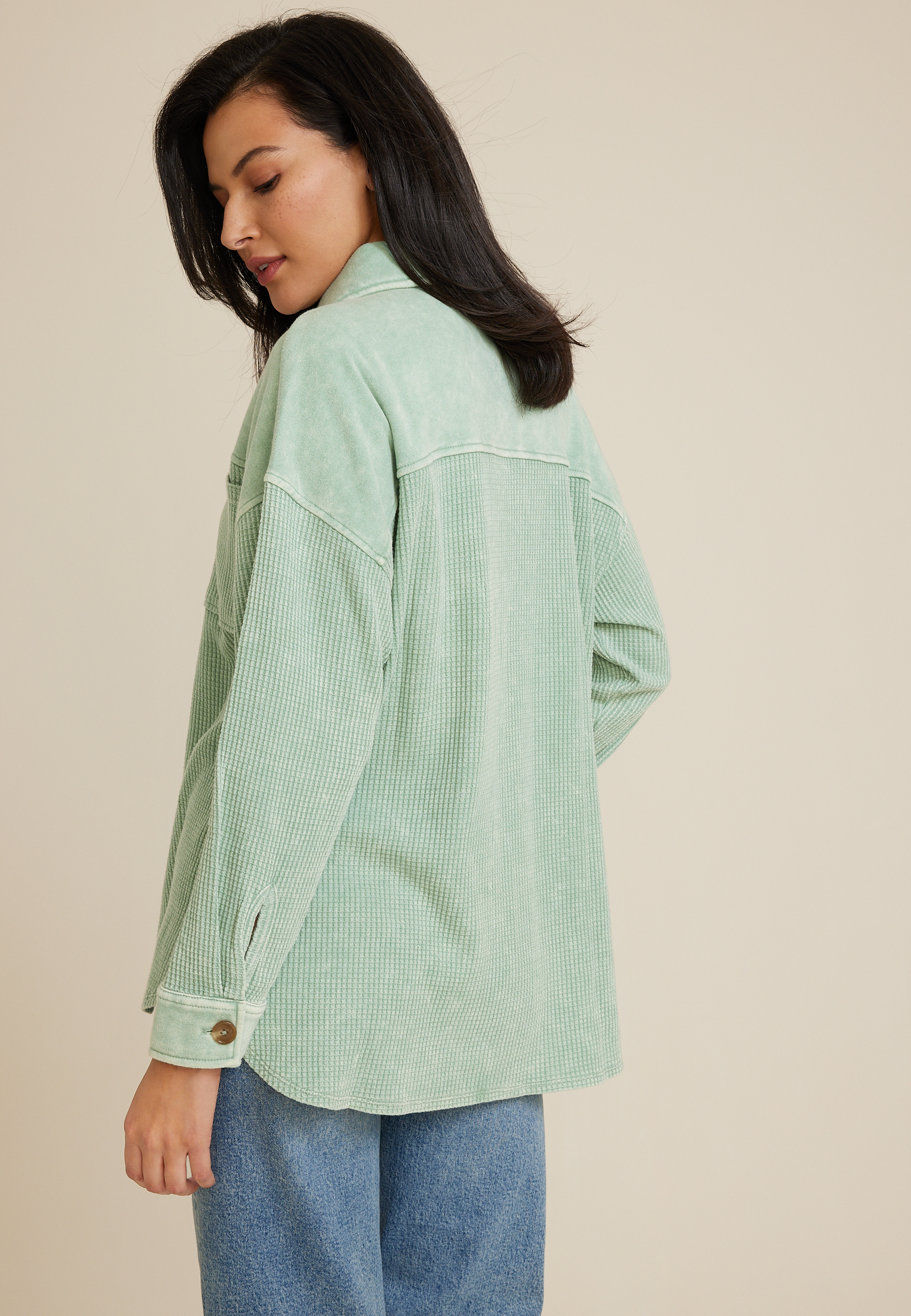 Waffle Knit Button Down Shacket, C9312, large