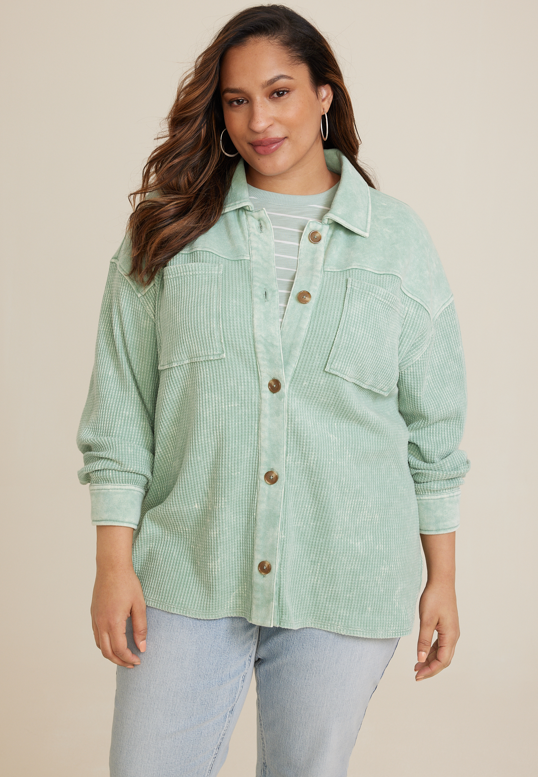 Plus Size Waffle Knit Button Down Shacket | maurices